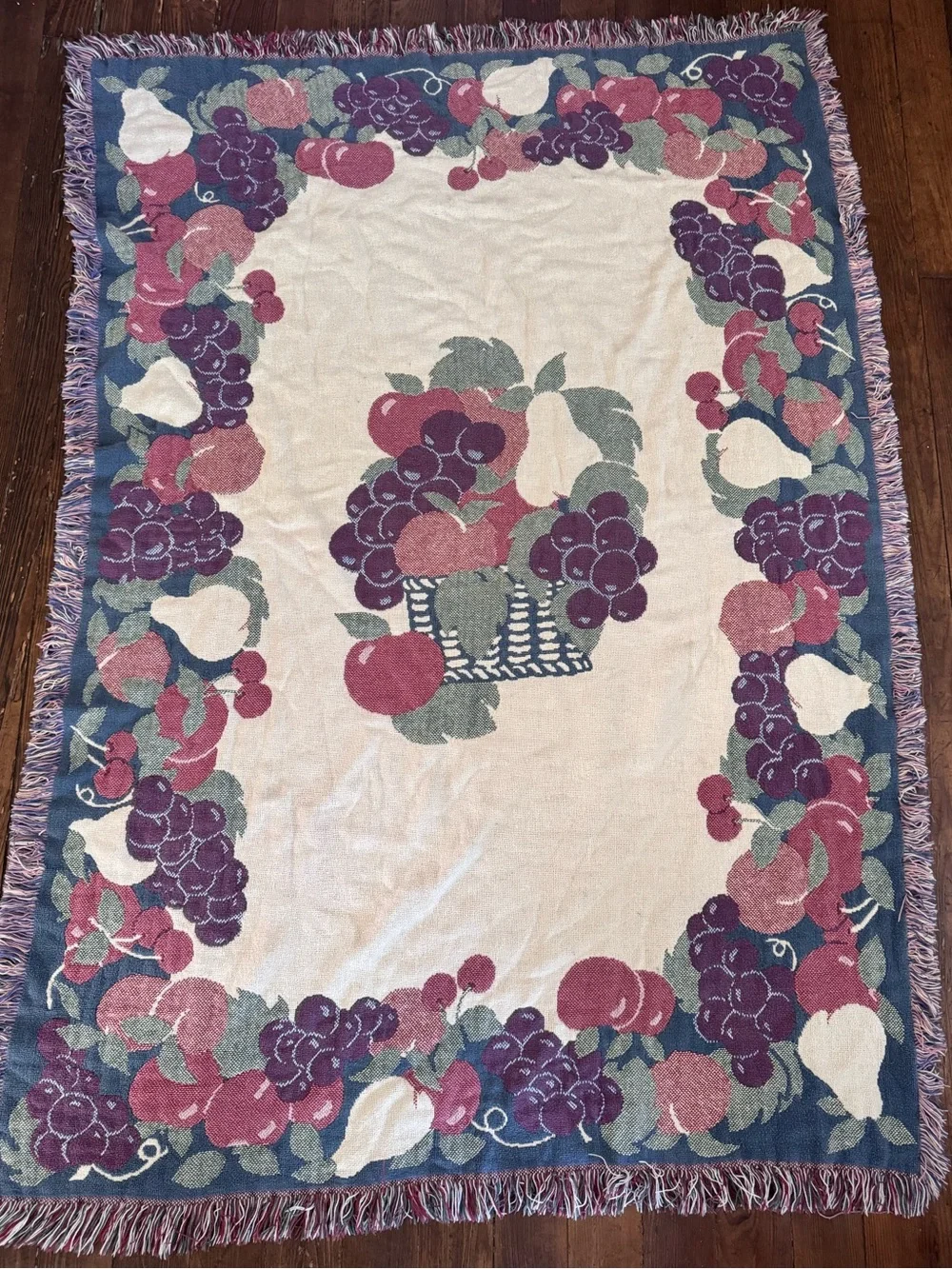 Vintage Fruit Tapestry Throw Blanket Farm Cottage Retro Apples Vineyard Grapes